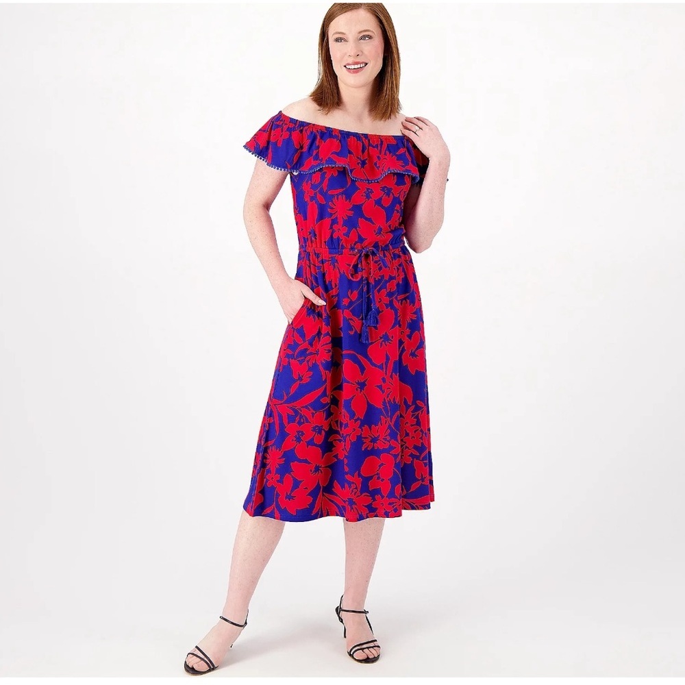 Isaac Mizrahi Live‎ Floral Off-Shoulder Dress in Red and Blue Sz 3XP